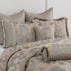 9-Piece Jacquard Comforter Set – Gray & Beige Brown Damask