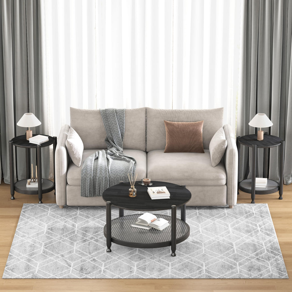 Round Coffee Table with Rattan Storage Shelf
