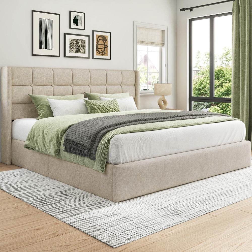 King Size Lift-Up Storage Bed Frame with Tufted Wingback Headboard