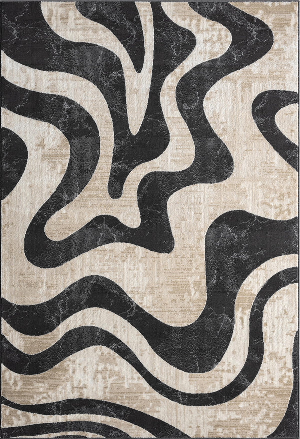 Beige & Black Swirl Modern Area Rug