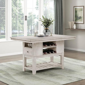 Upholstered Dining Bench with Wood Frame – Light Gray Fabric, Antique White Finish