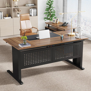 L-Shaped Executive Desk with File Cabinet & Storage Shelves