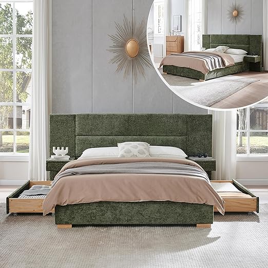 Upholstered Platform Bed Frame with Storage Drawers & Built-In Nightstands