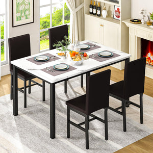 Dining Table Set for 4 with Faux Marble Top & Leather Chairs