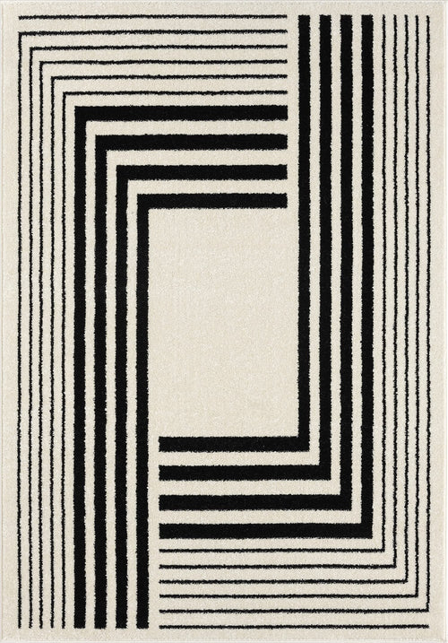 Geometric Beige & Black Area Rug | Modern 3D Lines | Medium Pile