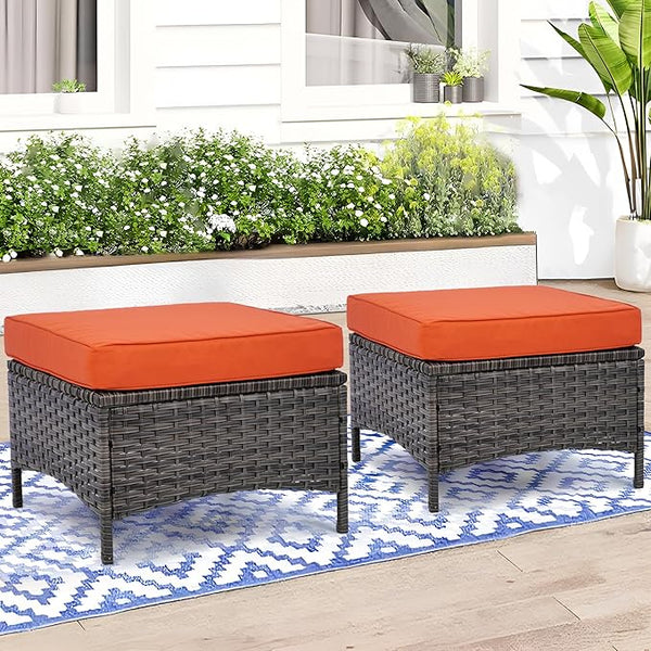 Set of 2 Outdoor Patio Ottomans with Cushions