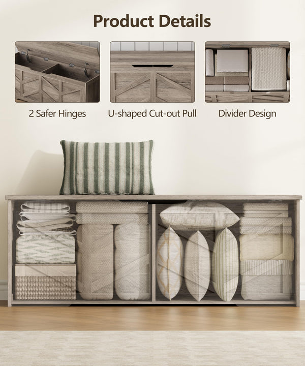 Extra Large Storage Bench with Safety Hinges – 51.2" Wooden Trunk