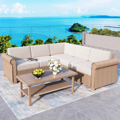 L-Shape Outdoor Wicker Sectional Sofa Set with Cushions & Coffee Table