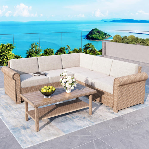 L-Shape Outdoor Wicker Sectional Sofa Set with Cushions & Coffee Table