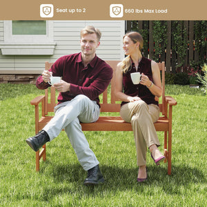 Outdoor 2-Person Wood Patio Bench with Armrests & Inclined Backrest