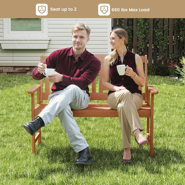 Outdoor 2-Person Wood Patio Bench with Armrests & Inclined Backrest