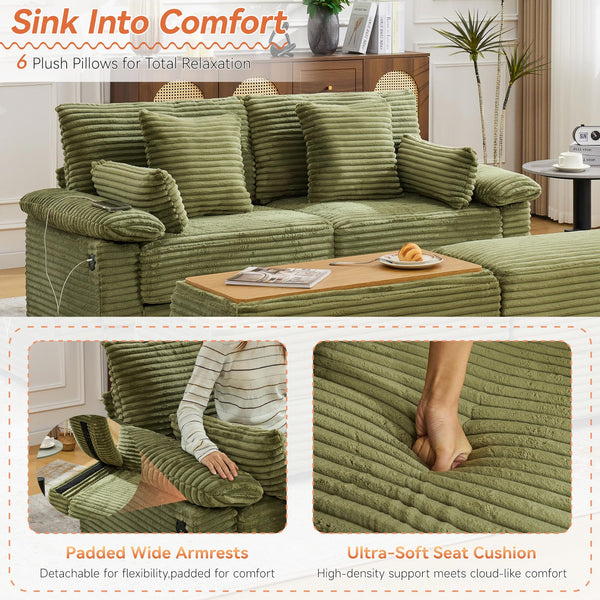 Corduroy Loveseat with Storage Ottomans & USB Port