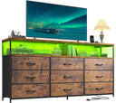 Long Dresser with 9 Drawers, LED TV Stand & Power Outlets