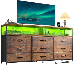 Long Dresser with 9 Drawers, LED TV Stand & Power Outlets