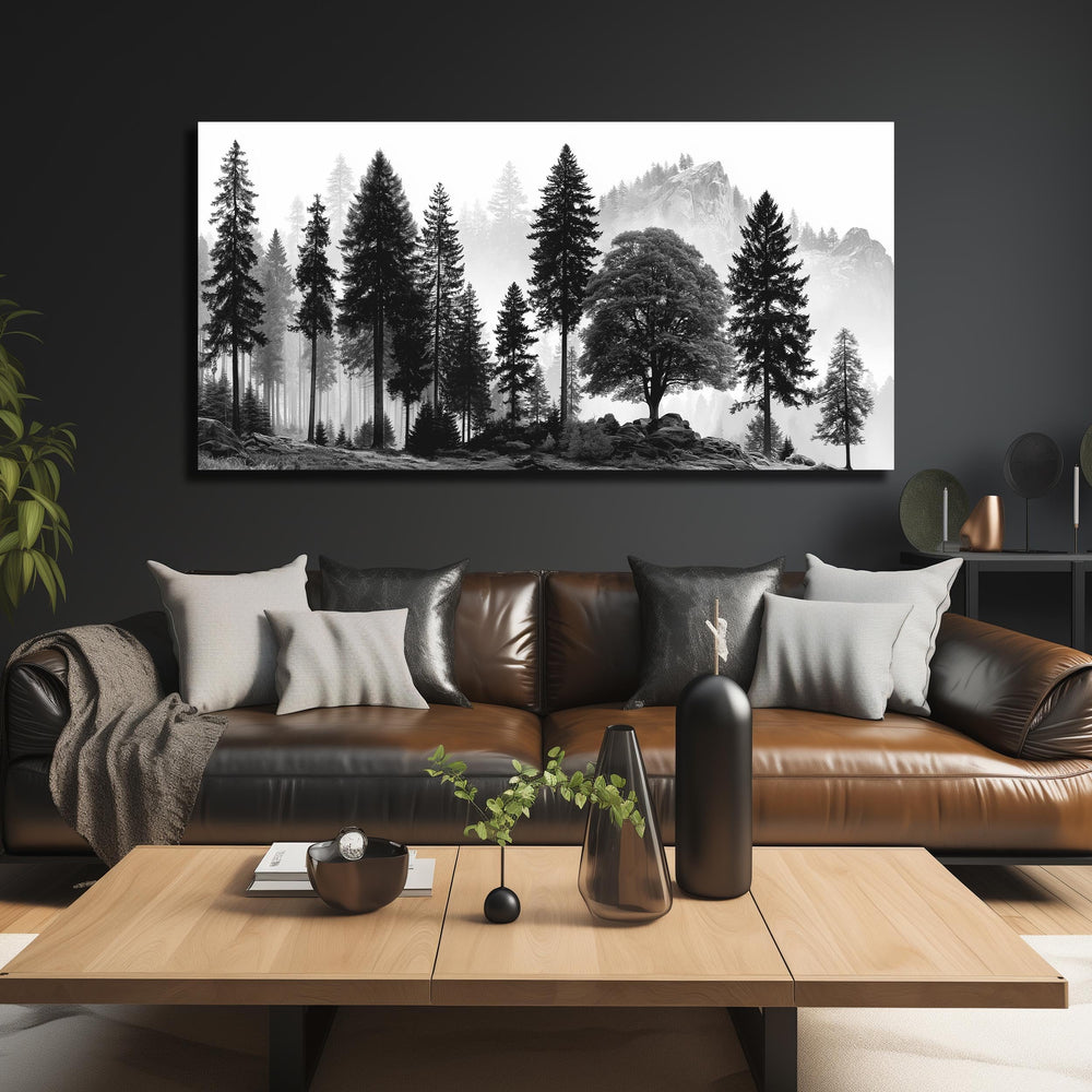 Large Foggy Forest & Mountain Canvas Wall Art