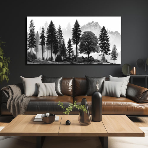 Large Foggy Forest & Mountain Canvas Wall Art