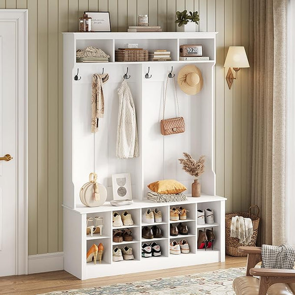 Farmhouse Hall Tree with Bench and Shoe Storage