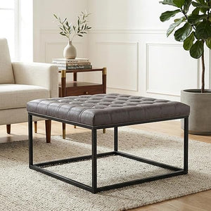 Square Tufted Ottoman with Metal Base
