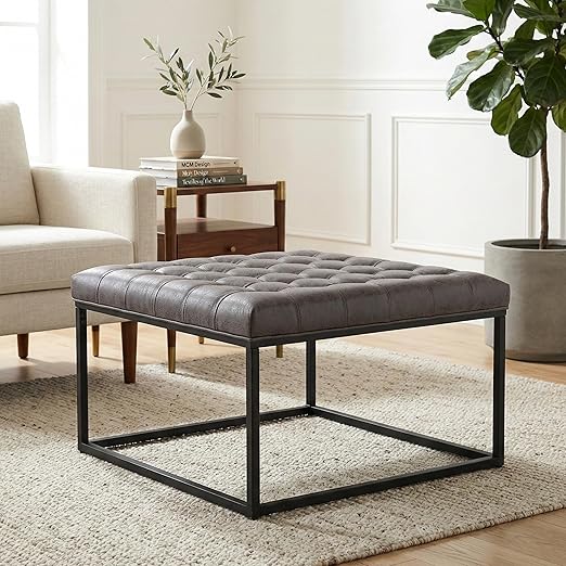 Square Tufted Ottoman with Metal Base