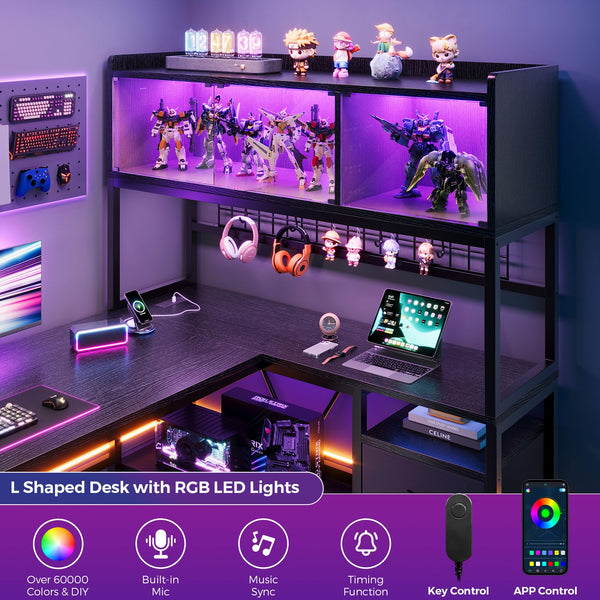 L-Shaped Gaming & Office Desk with Storage, Drawers, LED Cabinet & Power Outlet