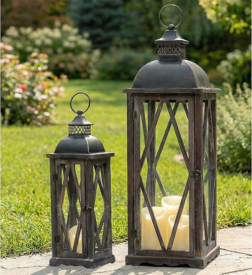 Farmhouse Outdoor Lanterns Set of 2 – Rustic Candle Holder Decor for Patio, Porch & Garden