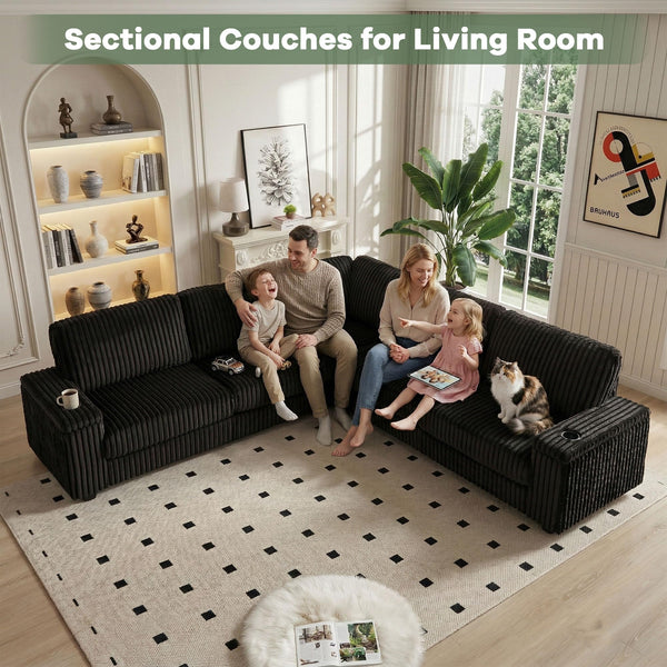 L-Shaped Corduroy Sectional Sofa with USB Charging & Storage