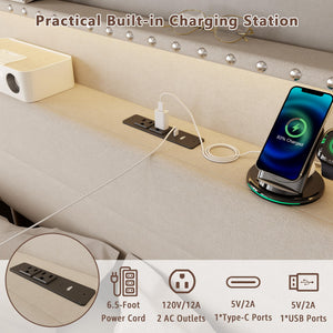 Upholstered Platform Bed Frame with Storage Drawers, LED Lights & Charging Station