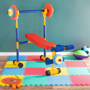 Kids Weight Bench Set & Exercise Bike – Toddler Gym with Leg Press & Barbell
