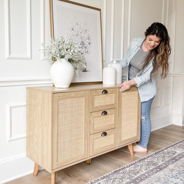 Rattan Sideboard Buffet Cabinet with Doors and Drawers