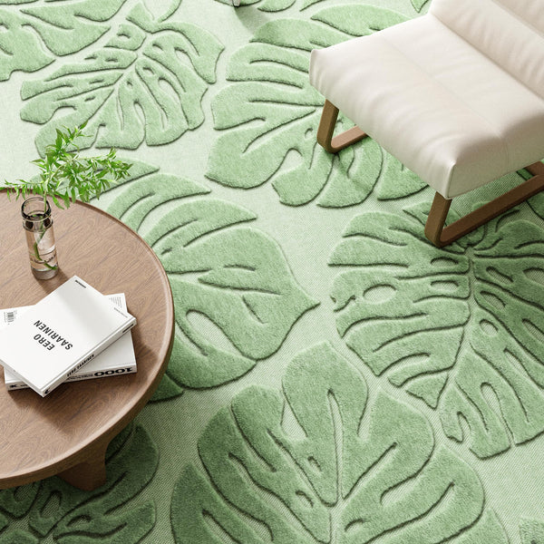 Green Monstera High-Low Plush Area Rug