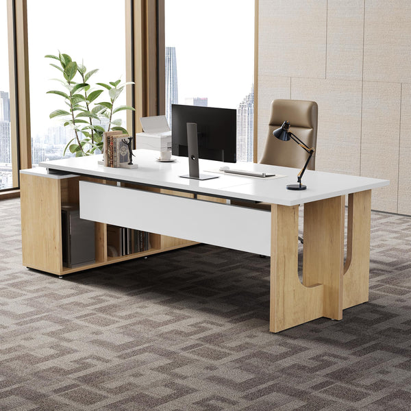 74" L-Shaped Executive Desk with Storage Cabinet & Shelves