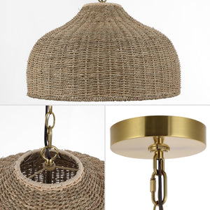 Rattan & Iron Dome Pendant Light – Adjustable Height, LED Included