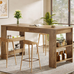 63-Inch Farmhouse Bar Table with Storage Shelves