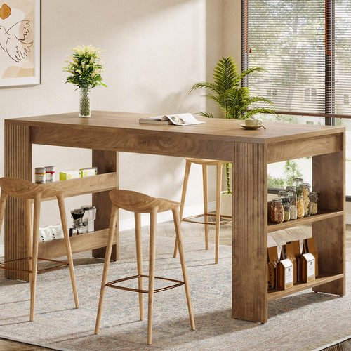 63-Inch Farmhouse Bar Table with Storage Shelves