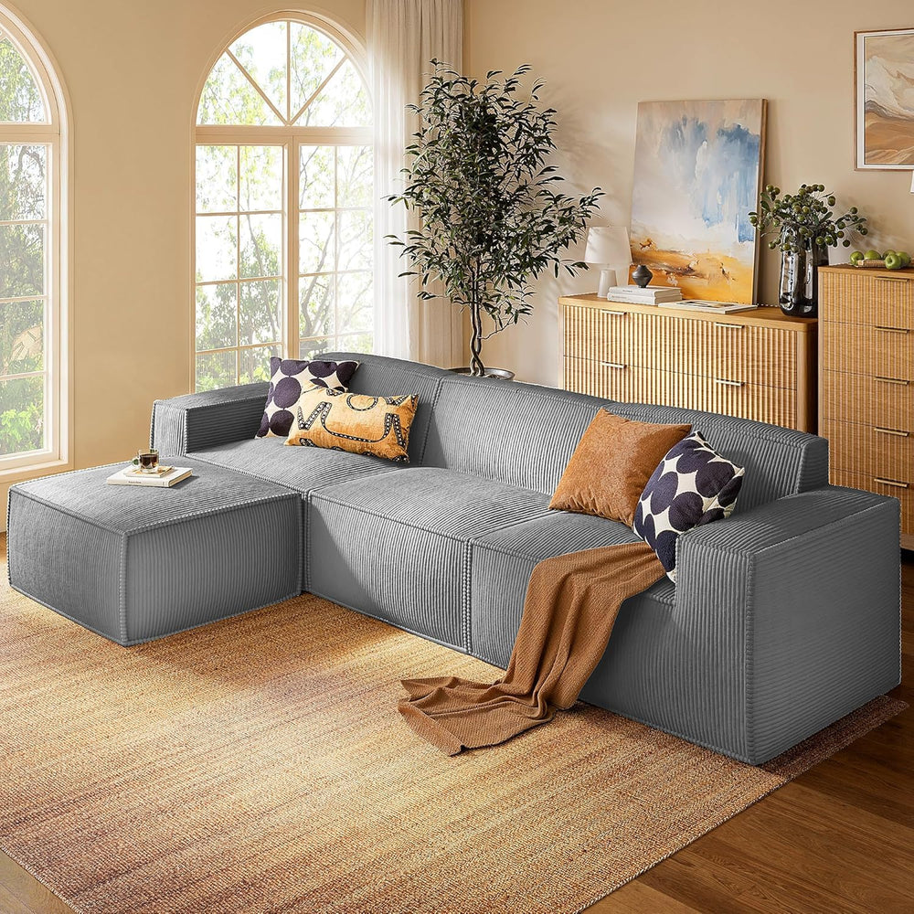 111" L-Shaped Modular Sectional Sofa – Grey Corduroy