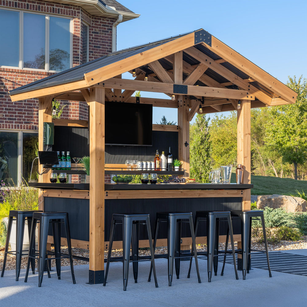Cedar Wood Outdoor Bar Set with Galvanized Steel Roof