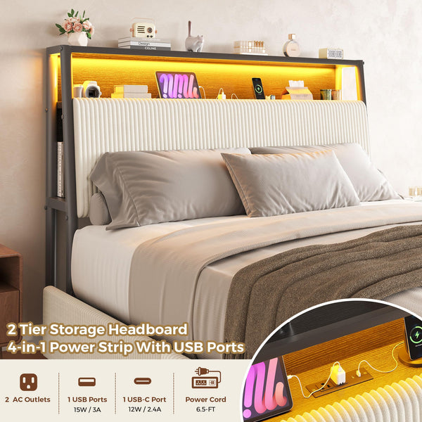 Queen LED Platform Bed with Storage Drawers & Bookcase Headboard