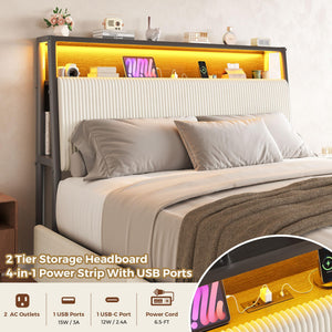 Queen LED Platform Bed with Storage Drawers & Bookcase Headboard