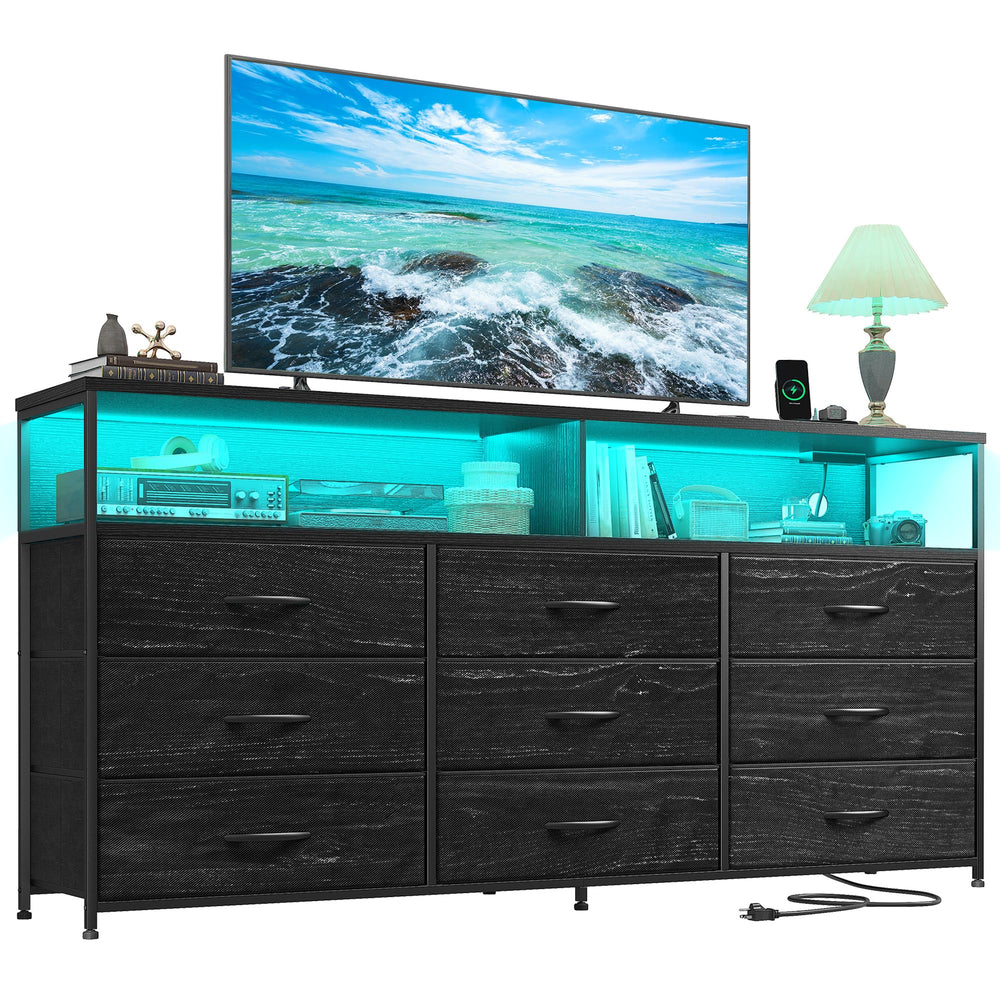 Long Dresser with 9 Drawers, LED TV Stand & Power Outlets