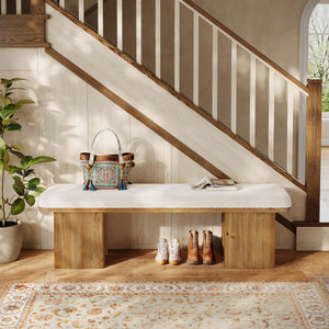59" Upholstered Entryway Bench with Faux Shearling Cushion
