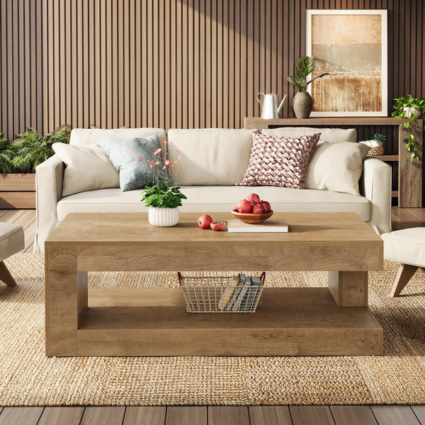 2-Tier Farmhouse Coffee Table, 47" Rectangular Living Room Center Table