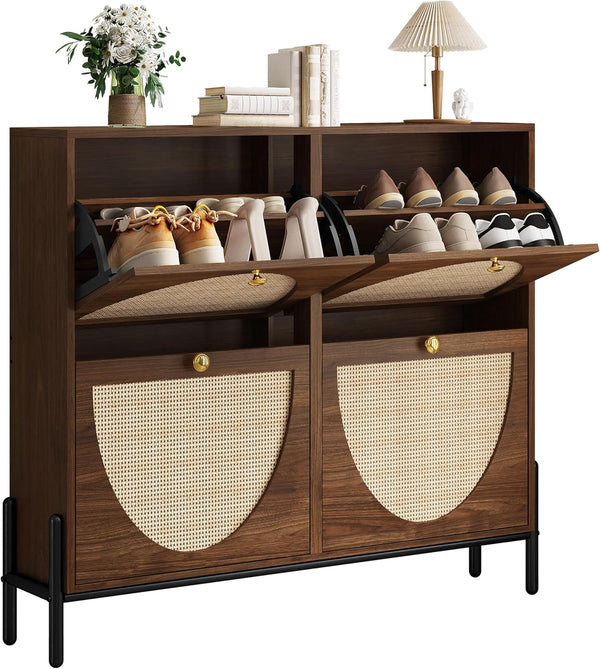 Rattan Shoe Cabinet with 4 Flip Drawers