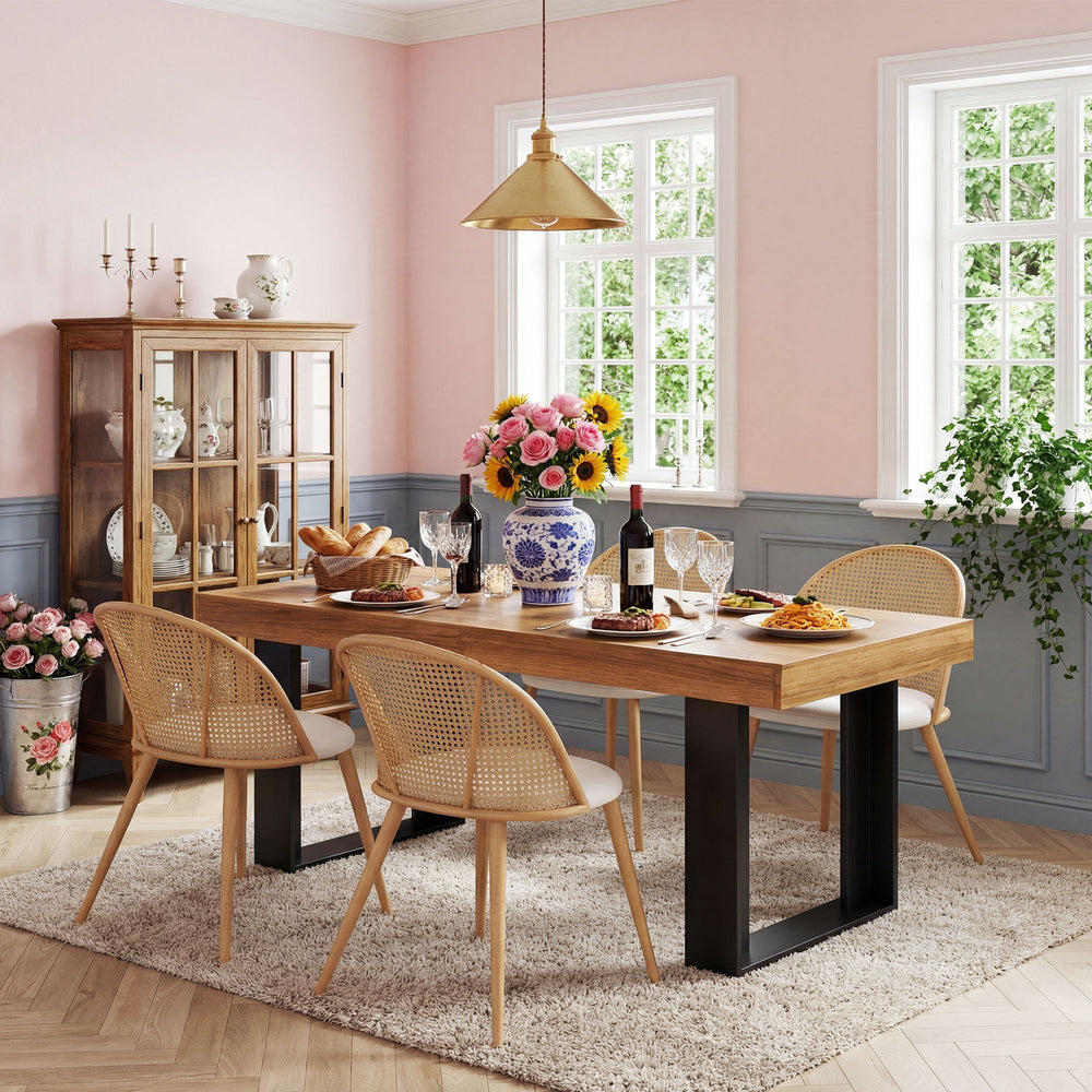 Extendable Farmhouse Dining Table Set with 4 Rattan Chairs