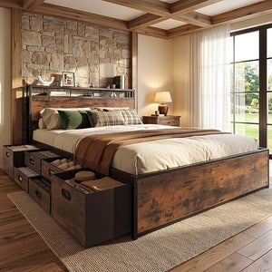King & Queen Platform Bed Frame with 12 Storage Drawers & Headboard