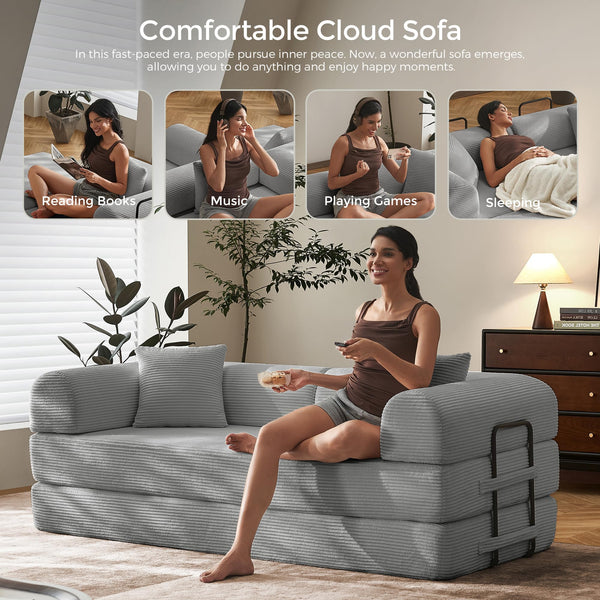 SAVENICA 79" Convertible Floor Sofa Bed, 5-in-1 Modular Sleeper with Removable Parts, No Assembly Corduroy Futon from Sofa to Oversized Bed, Non-Slip Base for Living Room, Dorm (Light Gray)