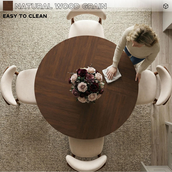 47" Round Dining Table Set for 4 — Walnut & Camel Upholstered Chairs