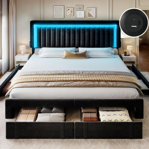 King Size Upholstered Bed Frame with Storage Drawers & RGB LED