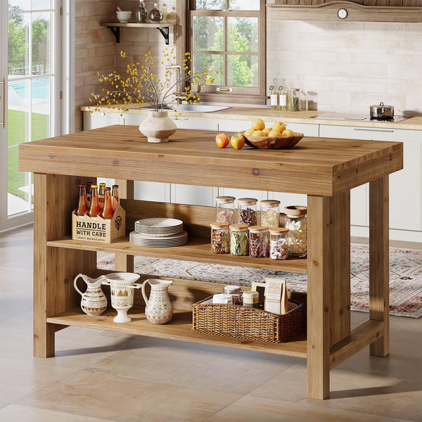 Solid Wood Kitchen Island with 3-Tier Open Shelves, 55 Inch Counter Height