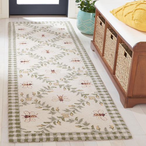 Hand-Hooked Wool Runner Rug 2'6" x 6' – Ivory & Green