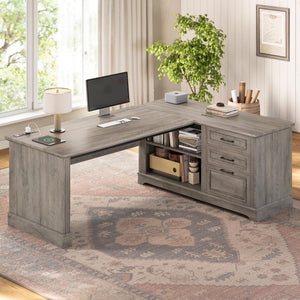 L-Shaped Executive Desk with File Drawers & Power Outlets